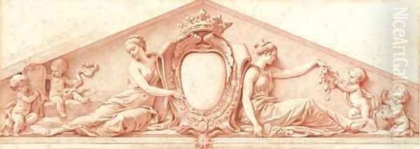 A study for a pediment A coat-of-arms with the order of the Holy Spirit, and allegories of Prudence and Liberality Oil Painting by Jacques-Augustin Pajou