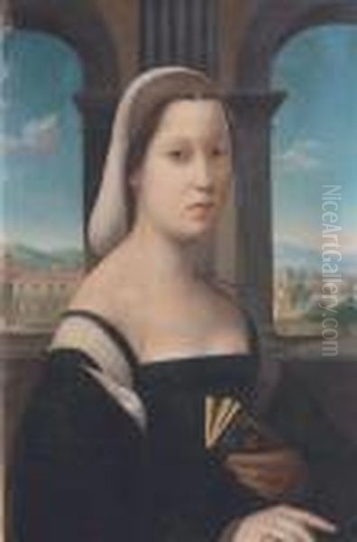 Portrait Of A Young Woman Holding A Book Oil Painting by Leonardo Da Vinci