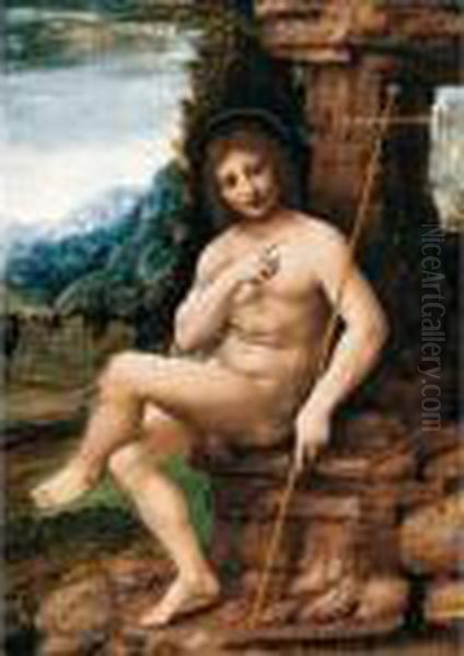 Saint John The Baptist In A Landscape Oil Painting by Leonardo Da Vinci