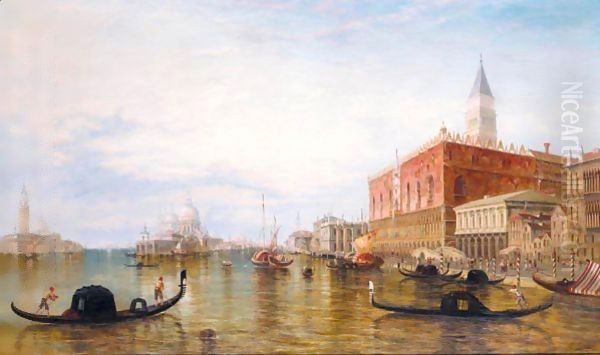 Gondolas On The Grand Canal In Front Of The Doge's Palace, Venice Oil Painting by Edward Pritchett