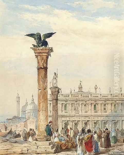 Figures congregating below the Lion Column, on the Piazzetta, Venice Oil Painting by Edward Pritchett