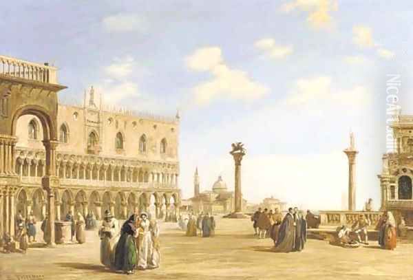 A crowd of spectators near the Doge's Palace looking east to the Church of San Giorgio Maggiore, Venice Oil Painting by Edward Pritchett