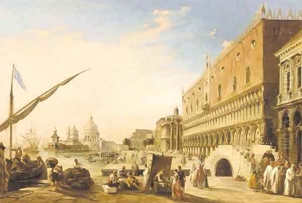 The Riva degli Schiavoni with the Doge's Palace looking towards the Church of Santa Maria della Salute, Venice Oil Painting by Edward Pritchett