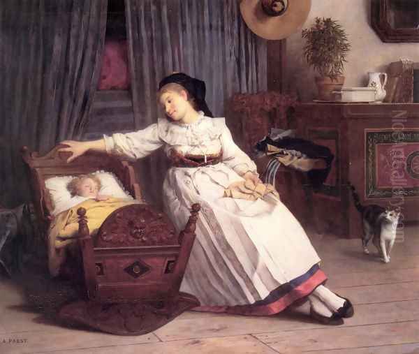 Alsacienne Berçant son enfant (Alsation Rocking her Child) Oil Painting by Camille Aflred Pabst