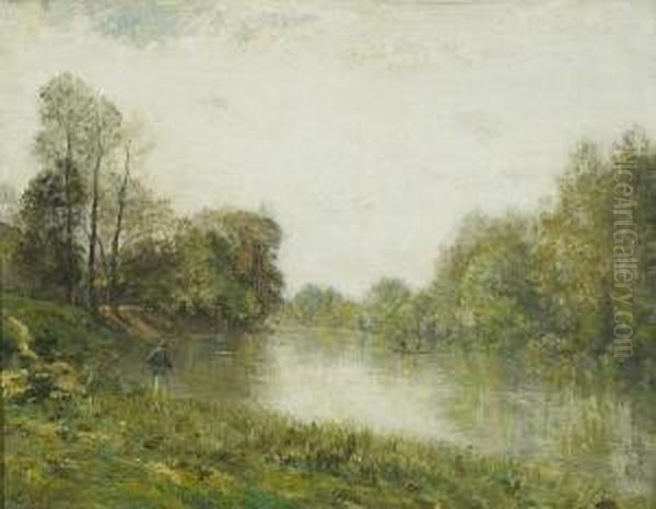 La Marne A Charenton, Le Pecheur Oil Painting by Stanislas Lepine