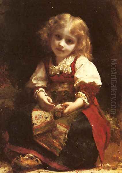 A Little Girl Holding A Bird Oil Painting by Etienne Adolphe Piot