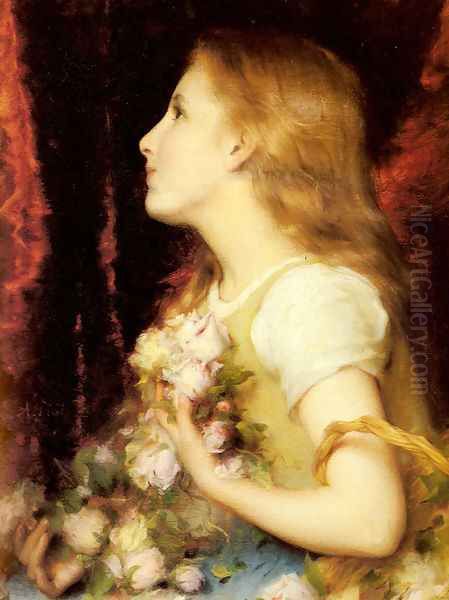 A Young Girl with a Basket of Flowers Oil Painting by Etienne Adolphe Piot