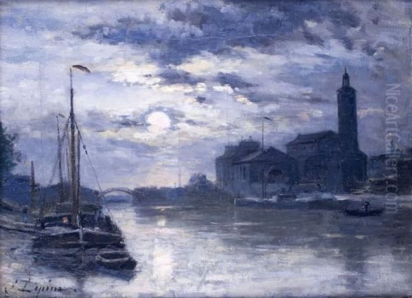 Le Canal De L'ourcq, L'eglise Saint Christophe, Vus Du Quai De La Marne Au Clair De Lune Oil Painting by Stanislas Lepine