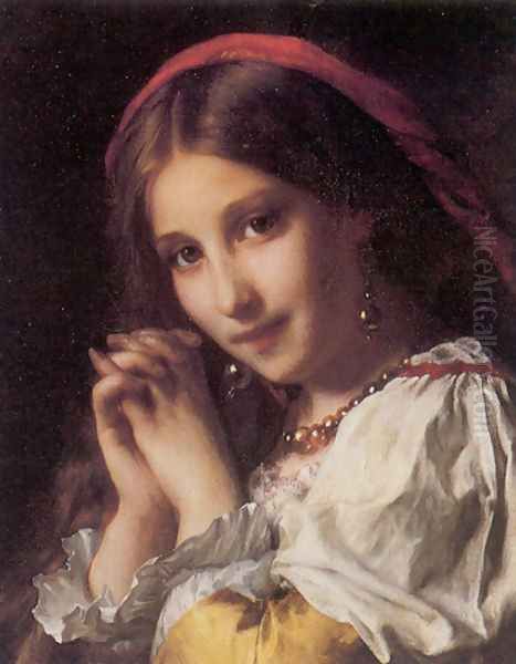 Portrait of a Girl with Red Shawl Oil Painting by Etienne Adolphe Piot