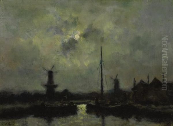 Moonlight In The Port Oil Painting by Stanislas Lepine