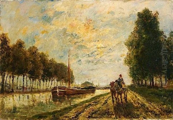 Le Canal De L'ourcq, Chemin De Halage - Effet De Lune Oil Painting by Stanislas Lepine