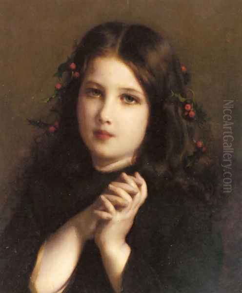 A Young Girl with Holly Berries in her Hair Oil Painting by Etienne Adolphe Piot