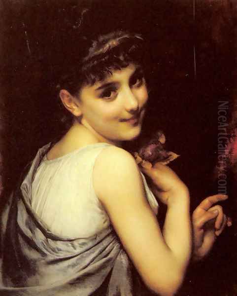 A Young Beauty Holding A Red Rose Oil Painting by Etienne Adolphe Piot