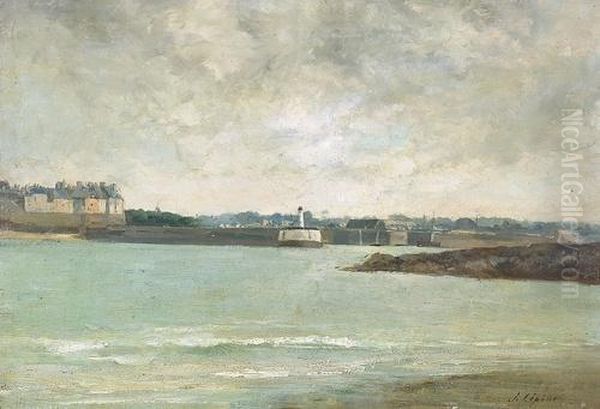 Kustenlandschaft Mit Hafeneinfahrt Und Leuchtturm. Oil Painting by Stanislas Lepine