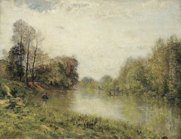 La Marne A Charenton, Le Pecheur Oil Painting by Stanislas Lepine