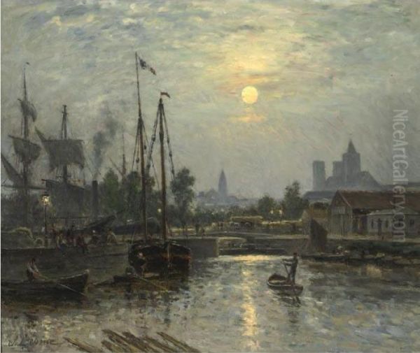 Caen Le Long De L'orne, Cours Caffarelli, Effet De Lune Oil Painting by Stanislas Lepine