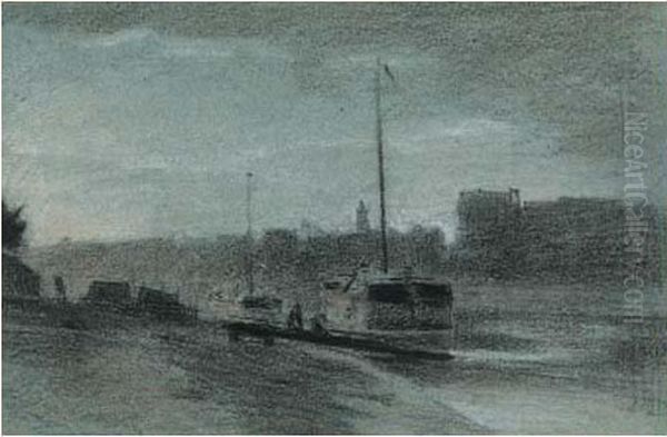 Bord De Seine, Peniches A Quai Oil Painting by Stanislas Lepine