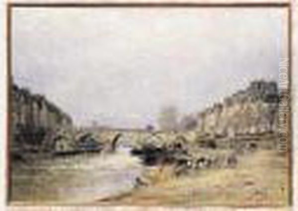 La Seine Au Pont Marie Vers 1874-1877huile Sur Toilesignee En Bas A
 Droite. Oil Painting by Stanislas Lepine