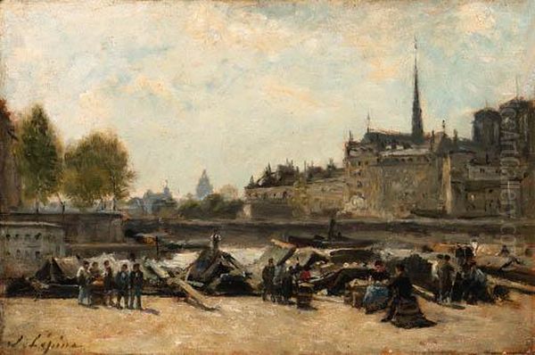 Le Marche Aux Pommes, Quai De Gesvres Et Quai De L'hotel De Ville, Pres Du Pont D'arcole Oil Painting by Stanislas Lepine