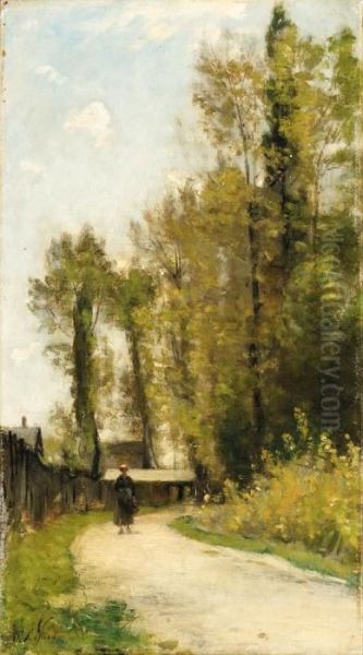 Paysanne Sur Un Chemin Sortie De Village Oil Painting by Stanislas Lepine