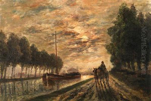 La Canal De L'ourcq, Chemin De Halage, Effet De Lune Oil Painting by Stanislas Lepine