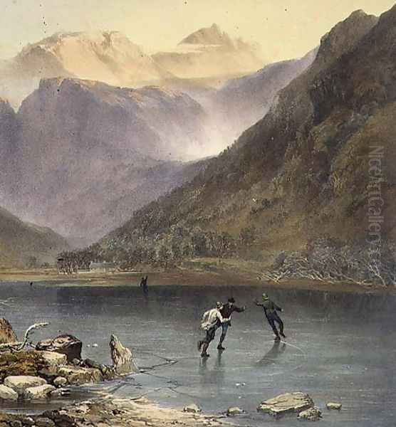 Brothers Water, detail of ice skaters, from The English Lake District, 1853 Oil Painting by James Baker Pyne