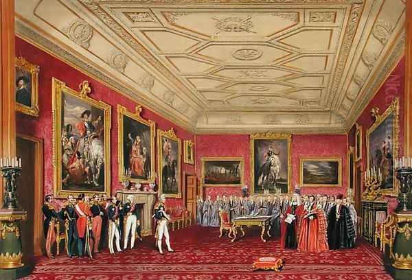 The Rubens Room, Windsor Castle - the King of France receiving an address from the Alderman, 1838 Oil Painting by James Baker Pyne