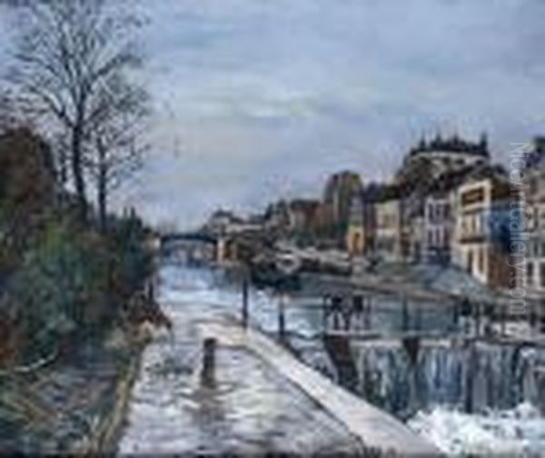 Paris, L'ecluse Sur Le Canal Saint-martin Oil Painting by Marcel Leprin