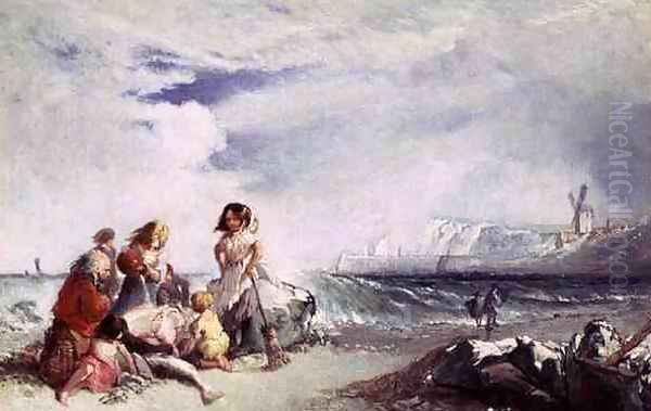 Fisherfolk on the Shore, Salting the Catch, Folkestone Oil Painting by James Baker Pyne