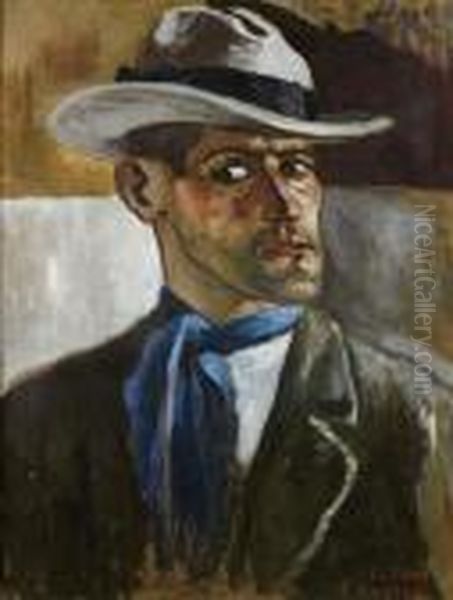 Autoportrait Au Chapeau. Oil Painting by Marcel Leprin