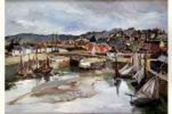 Vue Panoramique D'honfleur Et Du Bassin A Maree Basse, Circa 1929 Oil Painting by Marcel Leprin