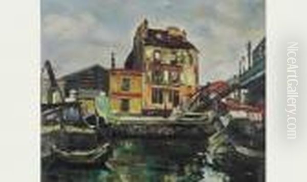 Le Cafe De La Passerelle Sur Le Canal De La Villette. Oil Painting by Marcel Leprin