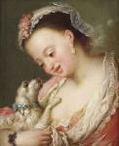 An Elegant Young Girl, 
Bust-length, In A Pink Dress With White Laceand A Bonnet, Cuddling A Dog Oil Painting by Jean-Baptiste Le Prince