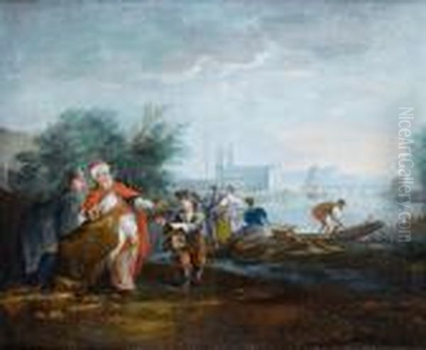 Merchants And Fishermen At A Mediterranean Port Oil Painting by Jean-Baptiste Le Prince