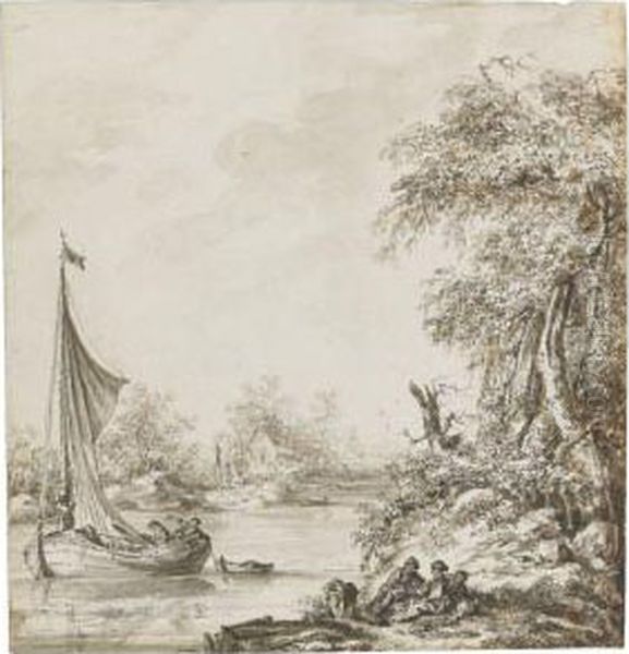 River Scene With A Boat Hauling In Sails, Figures Resting On Thebank Oil Painting by Jean-Baptiste Le Prince