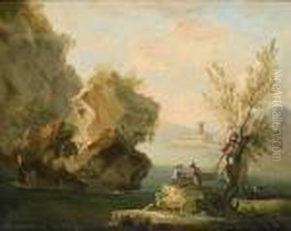 Fishermen Drying Their Nets Before A Coastal Landscape Oil Painting by Jean-Baptiste Le Prince