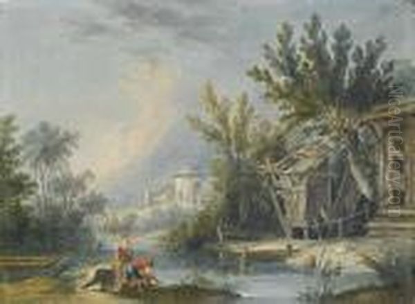 A River Landscape With A Couple Fishing By Ahut, A Village Beyond Oil Painting by Jean-Baptiste Le Prince