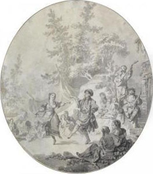 A Russian Scene: A Couple Dancing, With A Crowd Watching And Musicians Playing Oil Painting by Jean-Baptiste Le Prince