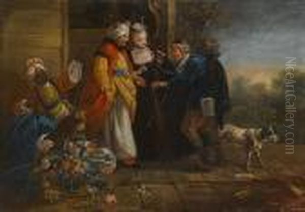 An Elegant Couple Receiving A Beggar At Their Palace Oil Painting by Jean-Baptiste Le Prince