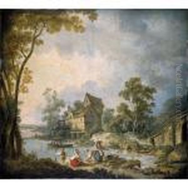 Mill Scene With Women Washing 
Clothes In A River A Boy Fishing Nearby Oil Painting by Jean-Baptiste Le Prince