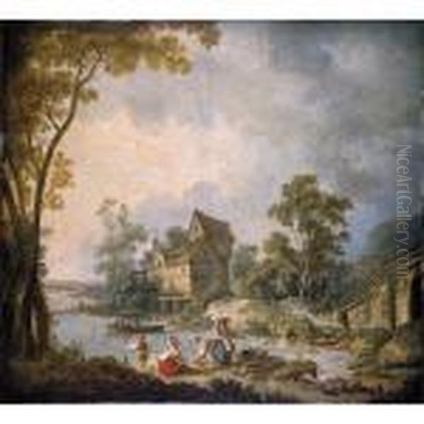 A Mill Scene With Women Washing Clothes In A River, A Boy Fishing Nearby Oil Painting by Jean-Baptiste Le Prince