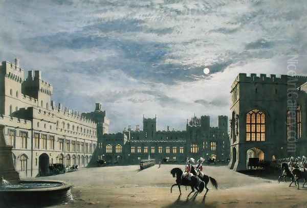 State arrival of a royal visitor, the Quadrangle by moonlight, Windsor Castle, 1838 Oil Painting by James Baker Pyne