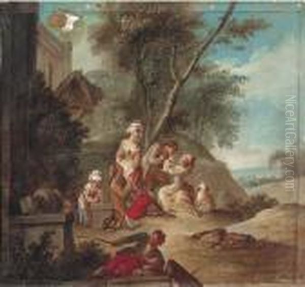 Amorous Couples In A Garden With Children And A Young Fisherman,the Sea Beyond Oil Painting by Jean-Baptiste Le Prince