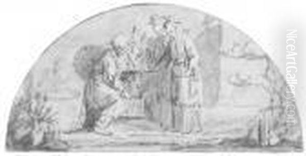 A Chinese Presenting A Potted Plant To Two Chinese Girls: Designfor A Fan Oil Painting by Jean-Baptiste Le Prince