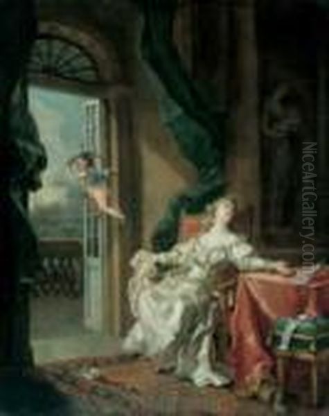 Zwei Amourose Szenen. 1. 
Interieur Mit Jungem Liebespaar Und Amor. 2. Interieur Mit Junger Frau, 
Die Einen Brief (abschiedsbrief?) Las, Und Sich Demaskierendem 
Wegfliegenden Amor. Oil Painting by Jean-Baptiste Le Prince