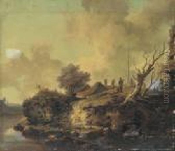 A River Landscape With Sportsman Shooting At A Popinjay On Thebank Oil Painting by Jean-Baptiste Le Prince