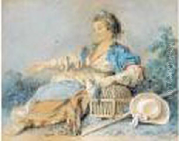 Jeune Fille Au Chale Assise Pres D'une Cage A Oiseau Oil Painting by Jean-Baptiste Le Prince