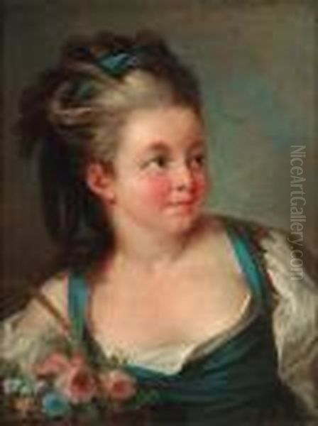 Portrait Of A Young Girl, Bust Length, In A Blue Dress With Abasket Of Flowers Oil Painting by Jean-Baptiste Le Prince