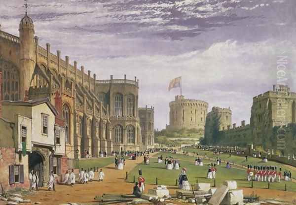 Lower Ward with a view of St Georges Chapel and the Round Tower, Windsor Castle, 1838 Oil Painting by James Baker Pyne