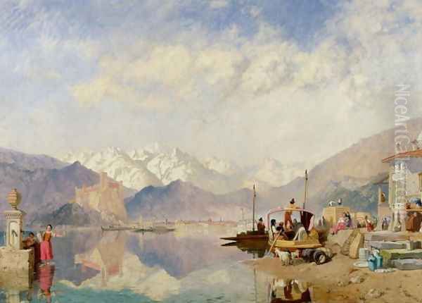 Recollections of the Lago Maggiore, Market Day at Pallanza, 1866 Oil Painting by James Baker Pyne